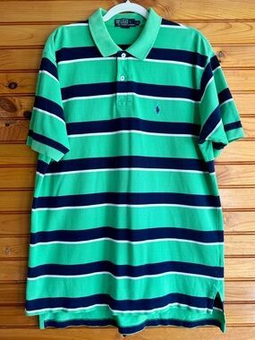Polo Ralph Lauren XL Green Navy Striped Polo Shirt Cotton Short Sleeve Pony Logo
